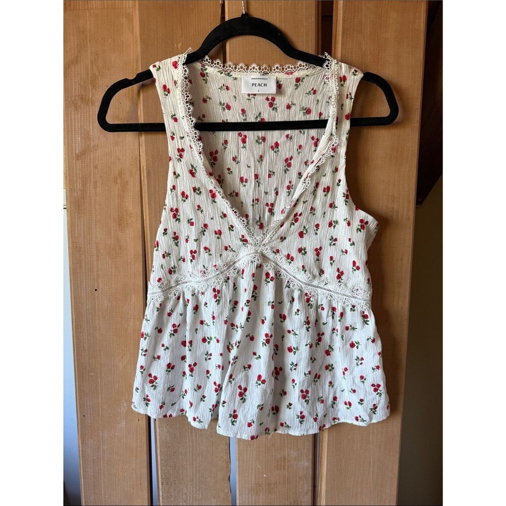 Peach Brand Women's Floral Lace-Trim Babydoll Top Cottagecore - Picture 2 of 5